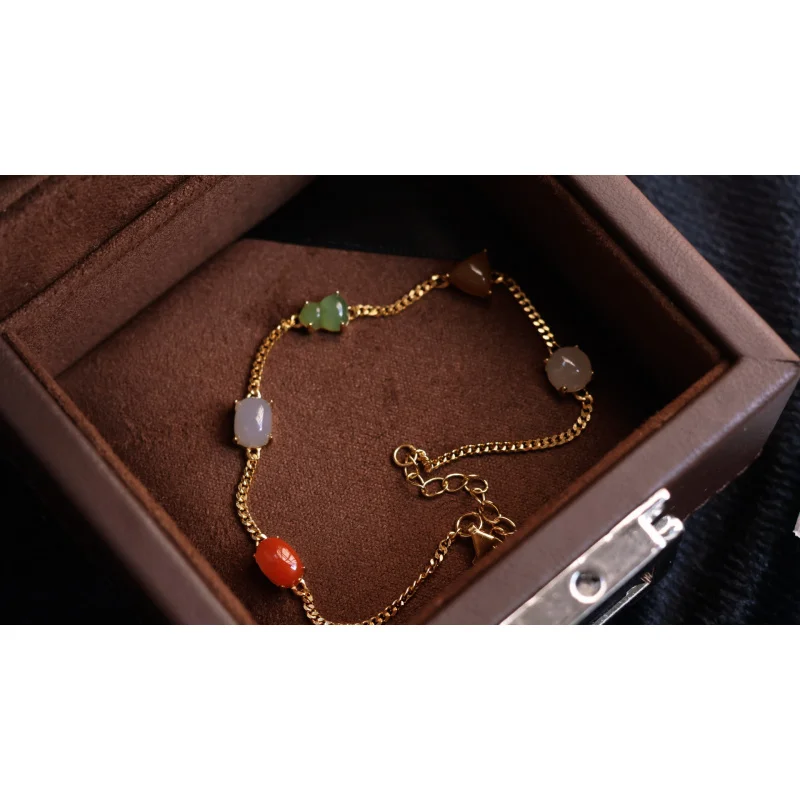 Natural Hetian Jade Multi-Gem Red Bracelet S925 Silver Inlaid New Style Versatile Women