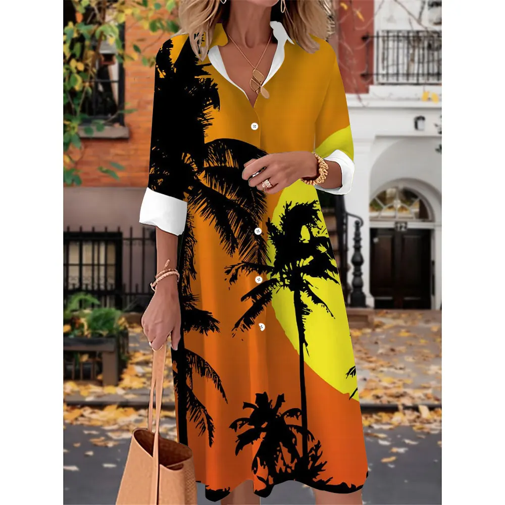 

Модное женское весеннее платье миди, пляжное платье-рубашка с отложным воротником, новое однобортное гавайское пляжное платье, свободные рубашки с длинными рукавами