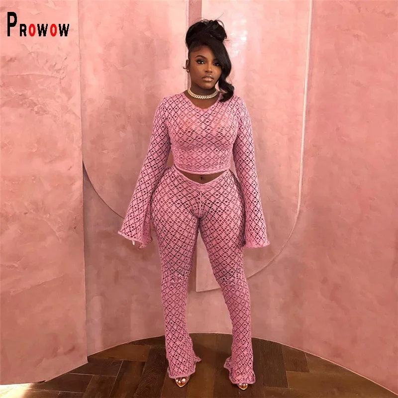 Prowow Sexy Hollow See Through Women Clothing Set Flare Sleeve Cropped Tops High Waist Pant Two Piece Solid Color Matching Suits