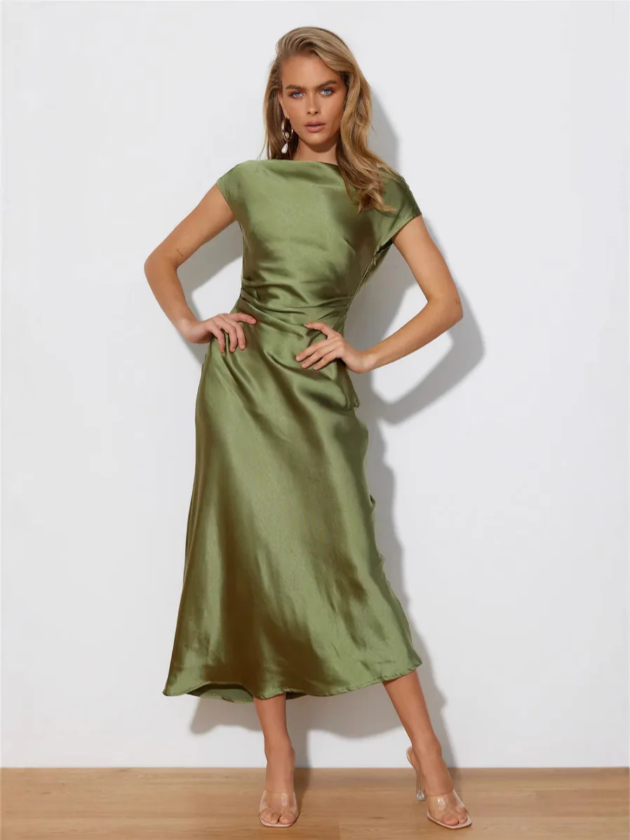 Women's Solid Satin Bodycon Maxi Dress Elegant One Shoulder Backless Mermaid Evening Party Gown