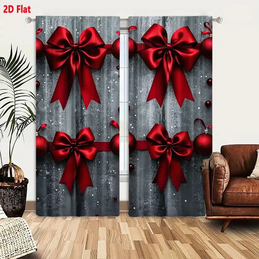 2Pcs Curtains Add 2D Flat Festive Holiday Decoration With Red Satin Ribbons Bows And Christmas Baubles On Dark Gray Wood Backgro