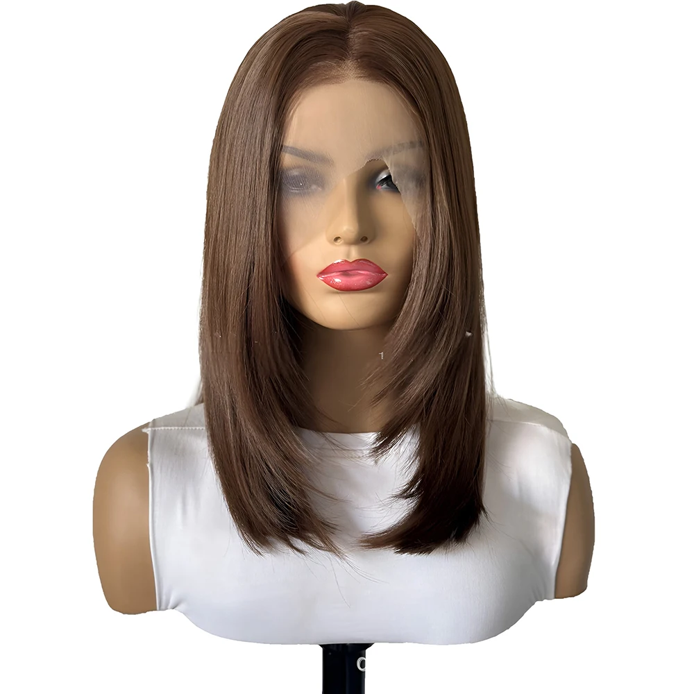 RDY Chocolate Brown Wig Layered Bob Wig Synthetic Lace Front Wigs For Women Dark Brown Lace Hair Short Bob Wigs Cosplay Frontal