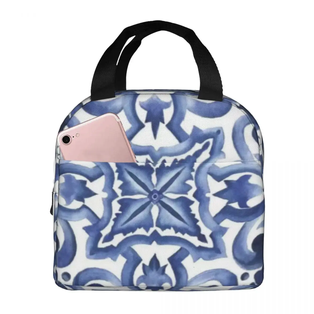 Blue Ornate Floral Mediterranean Sicilian Tile Lunch Bags Insulated Bento Box Lunch Tote Leakproof Picnic Bag Cooler Thermal Bag