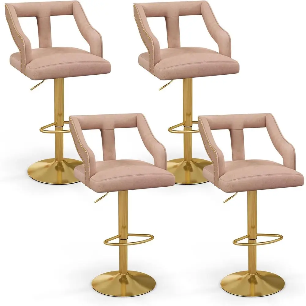 

Set of 4 Adjustable Swivel Bar Stools with Backrest, 2-Layer Electroplated Base, Anti-Slip Ring, Dutch Velvet Seat, Pink