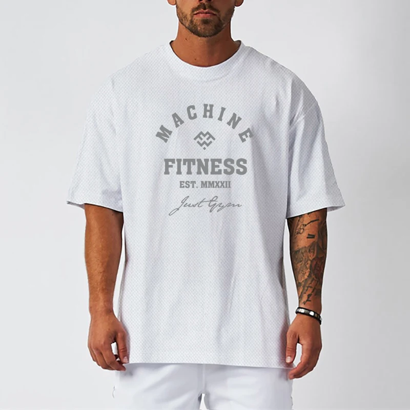 Oversized Loose Gym Fitness T-shirt Summer Mesh Breathable Short Sleeve Muscle Shirt Mens Bodybuilding Muscle Quick Dry Clothing