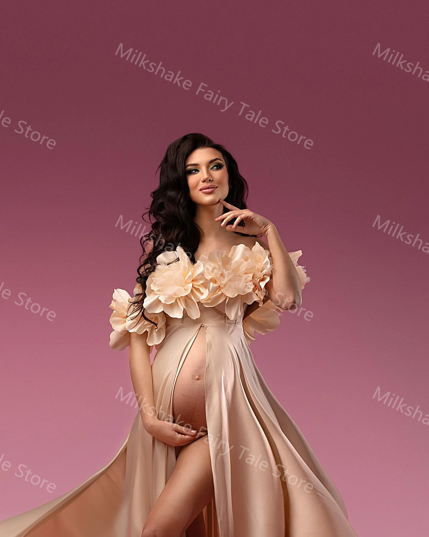 Champagne Prom Dresses for Pregnant Women Off Shoulder Floral Appliques Maternity Robes Sexy Front Split Baby Shower Gowns