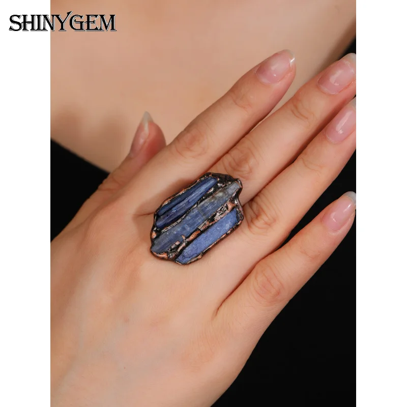 

SHINYGEM Blue Crystal Raw Stone Irregular Triple Combination Electroplated Antique Bronze Adjustable Gemstone Fashion Ring