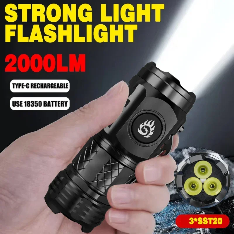 Super Bright Powerful LED Flashlight Built-in Battery Type-C Rechargeable with Pen Clip Torch Outdoor Camping Emergency Lantern