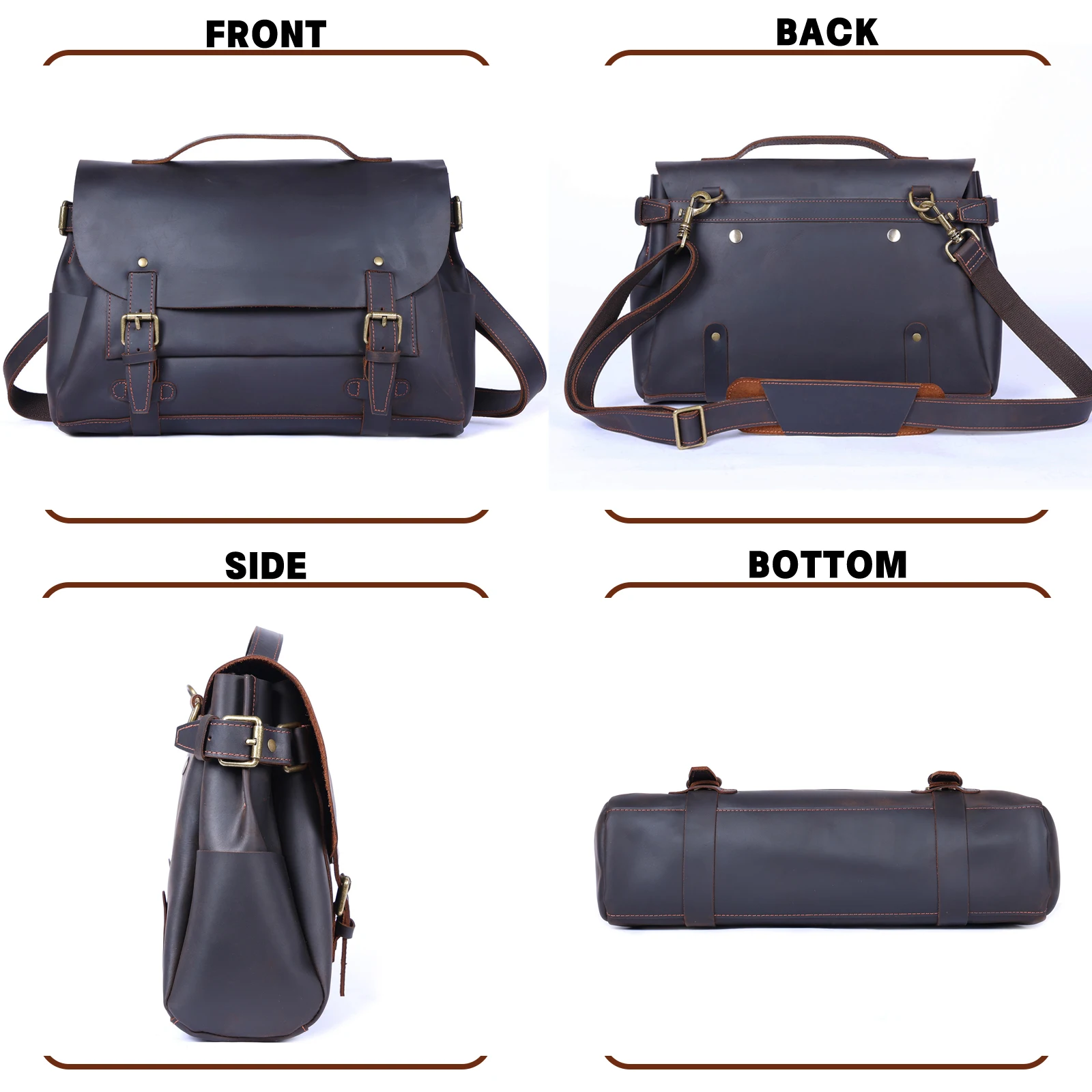 S.WORKE Vintage Echtleder Herren Umhängetasche Messenger Bag Crazy-Horse Rindsleder Klassische 14 Zoll Laptop-Tasche – Detail 11