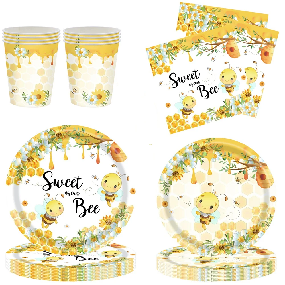 Décoration de fête prénatale Thème Abeille : Nappe, Serviettes, Assiettes, Gobelets à Motif Abeille Dessin Animé Mignon et Imprimé Miel – Vaisselle pour Anniversaire ou Révélation du Sexe