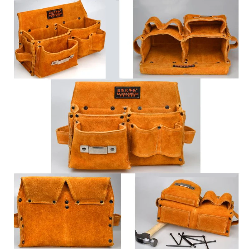 New Tool Storage Bag Cowhide Tool Organizer Portable Storage Electric Drill Bag Screwdriver Hardware Tool Bag Home Waist Bag