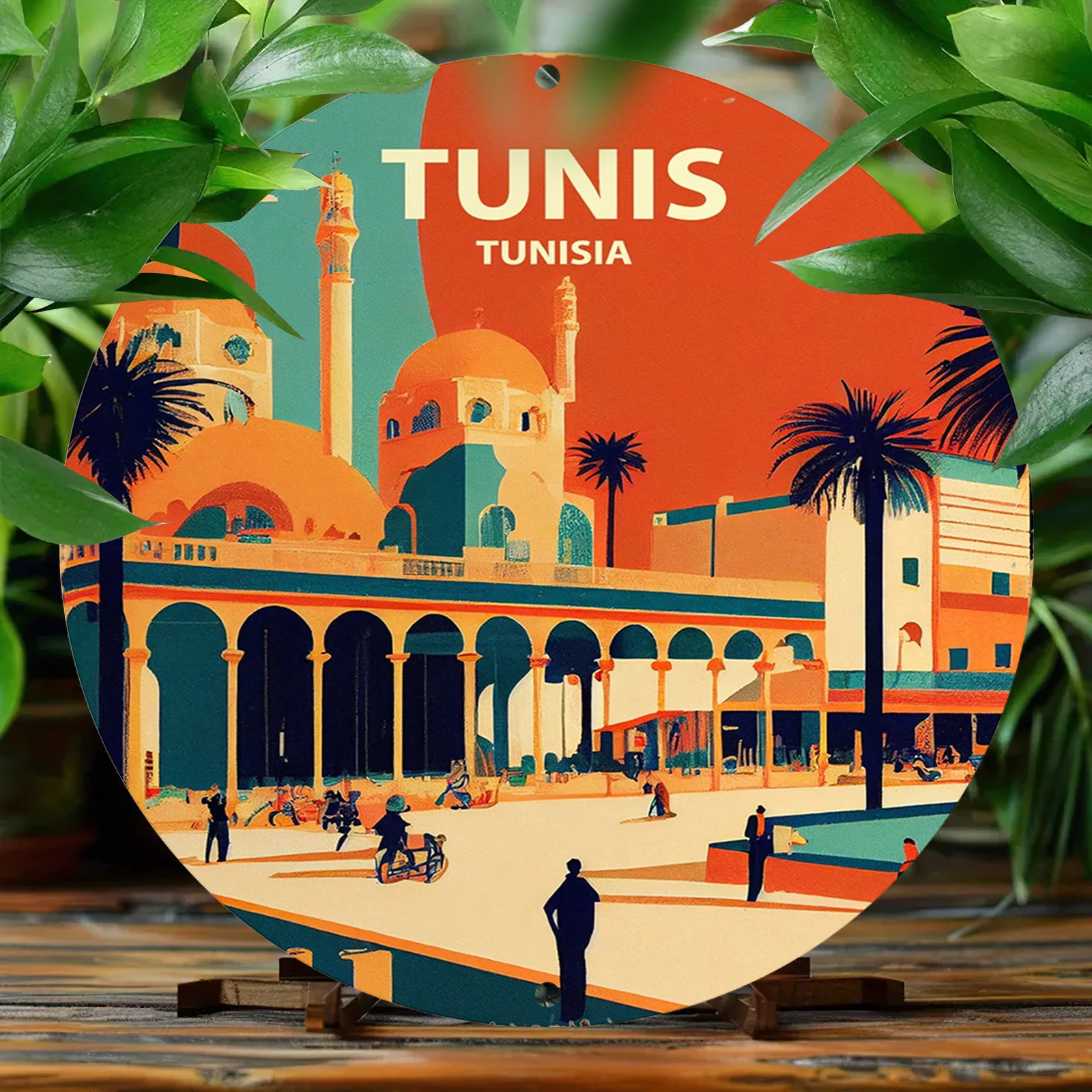 2D Flat, Funny Round Sign Tunis Tunisia Vintage Travel Poster Art- RoundMetal Wall Decor, 8x8 Inch- Pre-drilled, Printing, Weath