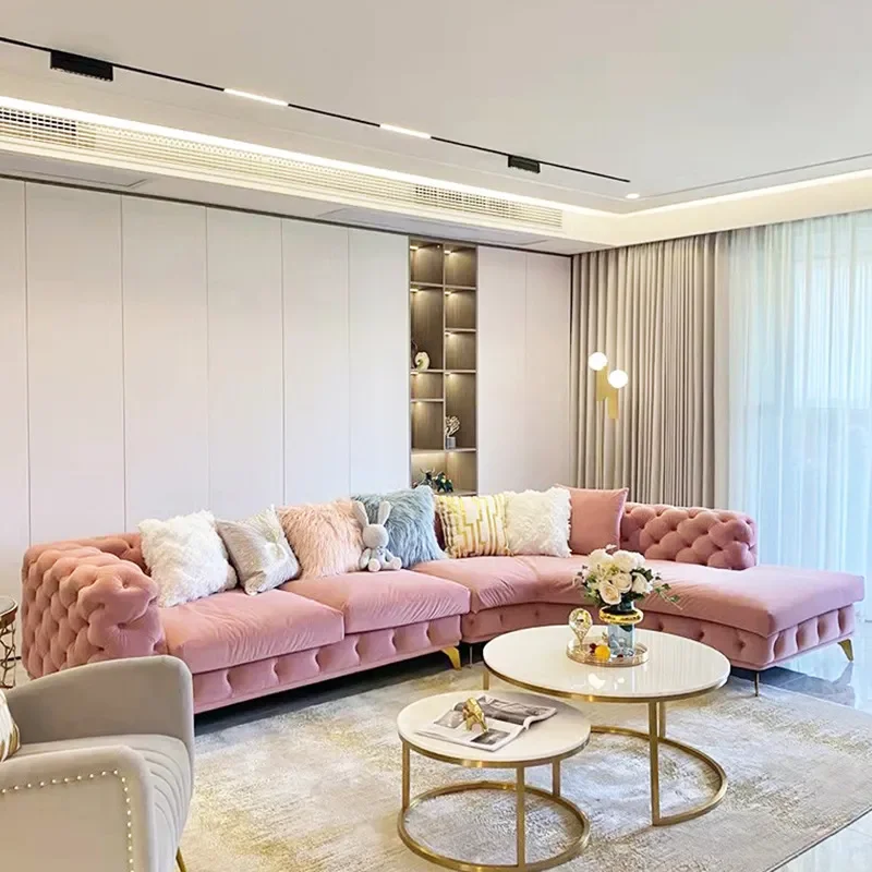 Modern Curved Sectional Sofa Matte Fabric Button Tufted L Shaped Couch for Living Room American Italian Style Corner Set