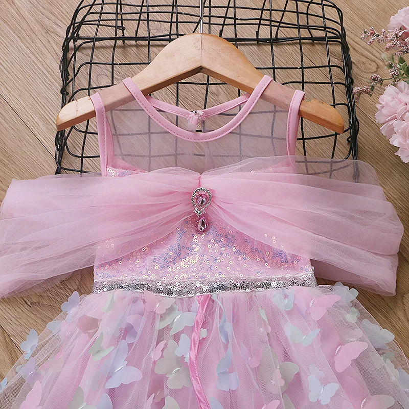 Baby Girls Butterfly Fairy Gauze Princess Dress Lovely Sequin Kids Summer Sleeveless Tulle Dress Child Birthday Party Gown Dress