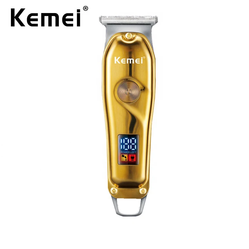 Kemei Rechargeable Hair Trimmer Zero Cut Detail Clipper Cordless Gold Metal Hair Cutting Machine for Men Edge T-blade 6800rpm