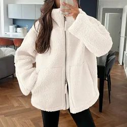 Women Fuzzy Fleece Jacket Casual Long Sleeve Oversized Sherpa Warm Coats Double Zip Winter Teddy Outwear With Pocket Jackets