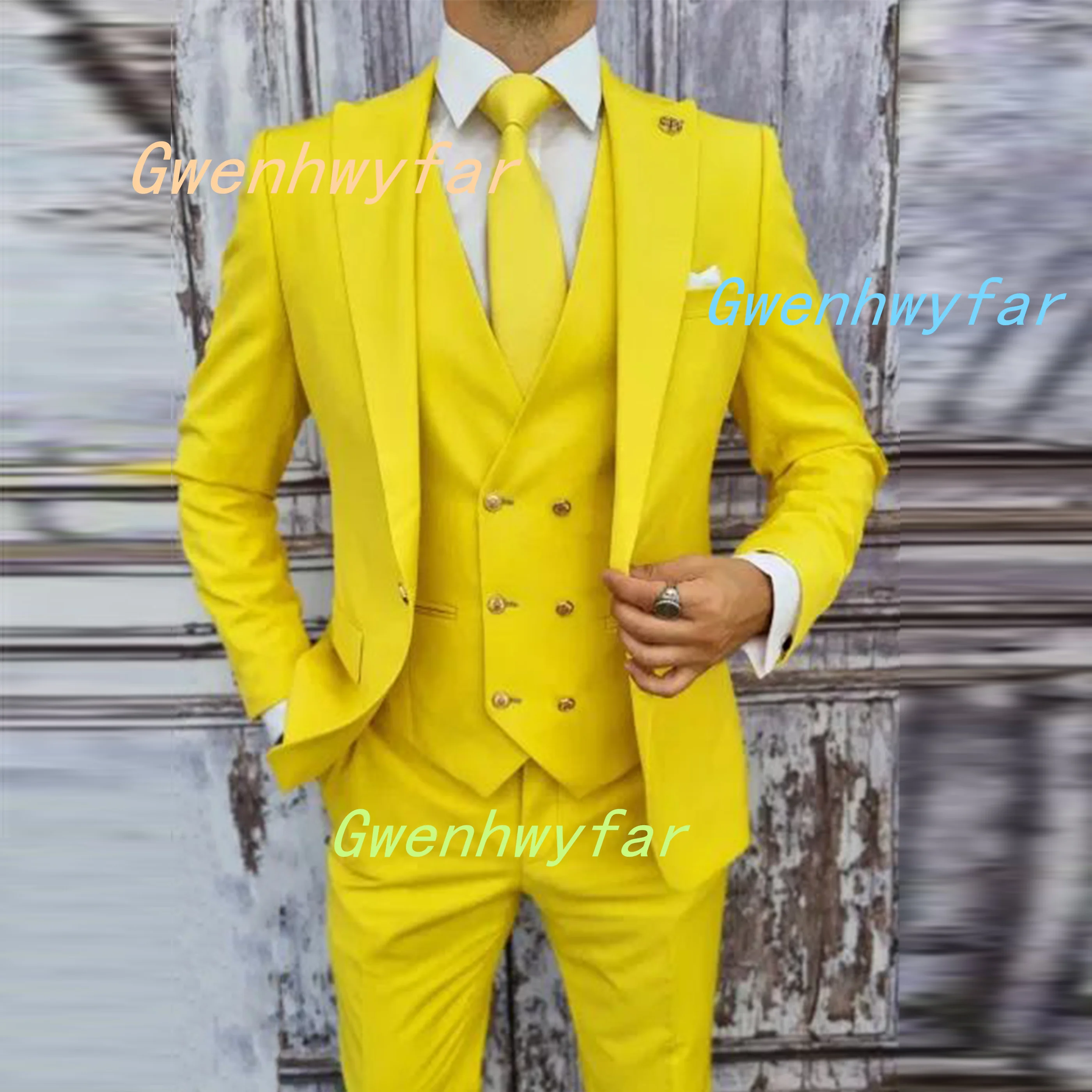 

NIna Store Custom Made Men Suits Bright Yellow Elegant Gold Buttons Blazer with Peak Lapel Double Breasted Vest Casual Pants set