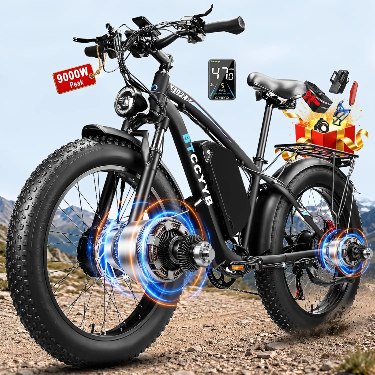 Off-Road Mountain Trail Electric Bike, 9000W Peak 52V 34A Dual Motor Ebike, Customized