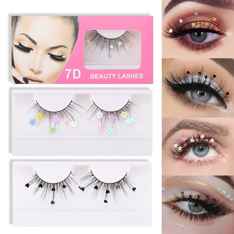 Sequin Fake Eyelashes Peach Heart Glitter Small Flower Stickers Sequin Synthetic Manual Eyelashes Christmas Party Eye Lashes