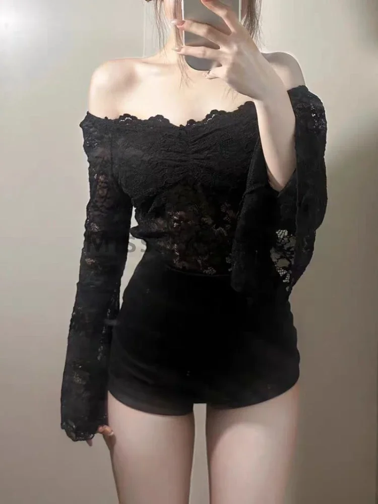 Aesthetic Vintage Skinny Solid 2 Piece Set Women Design Fashion Slim Lace Off Shoulder Tops Women + High Waist Thin Short Pants