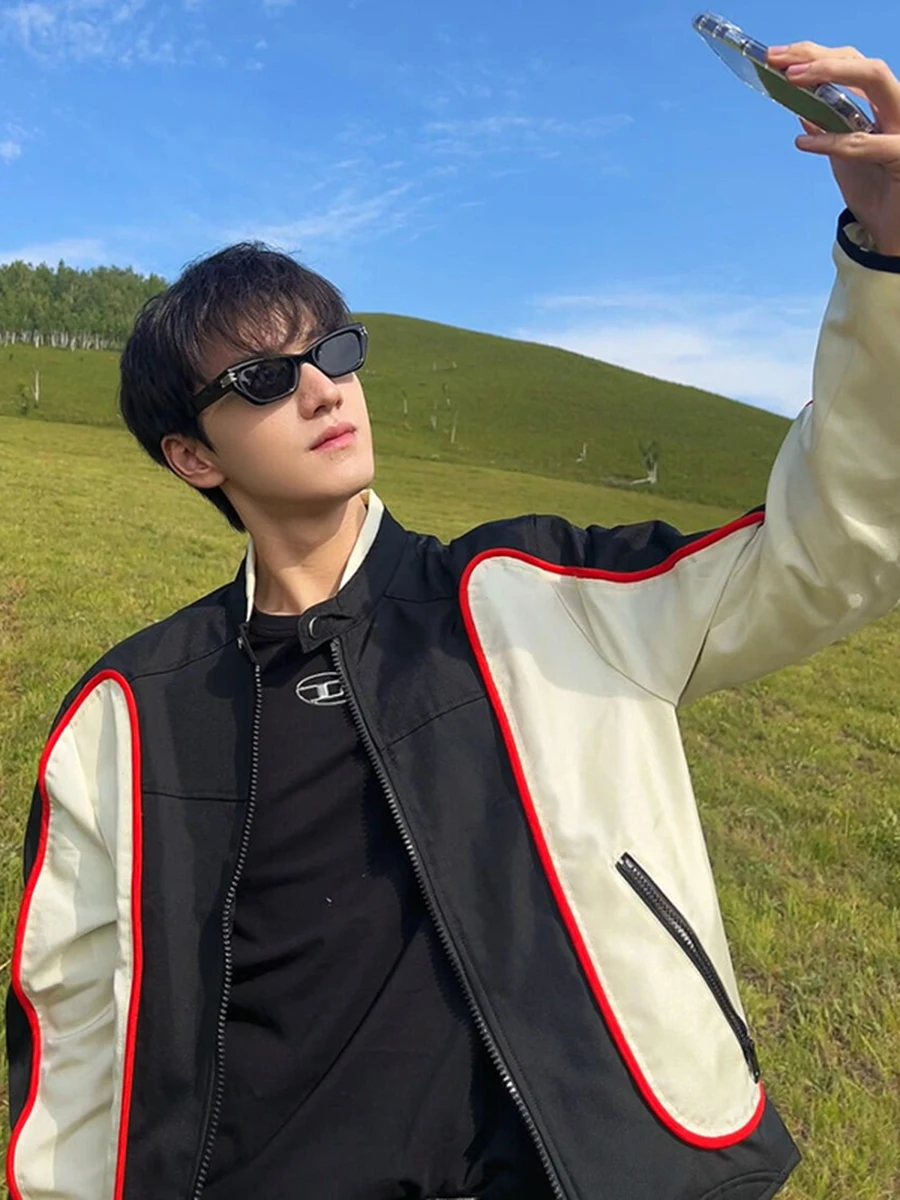 

Мужская куртка-косуха в стиле Color Block с контрастными вставками, американского стиля, Cleanfit, премиум-класса, осенняя верхняя одежда