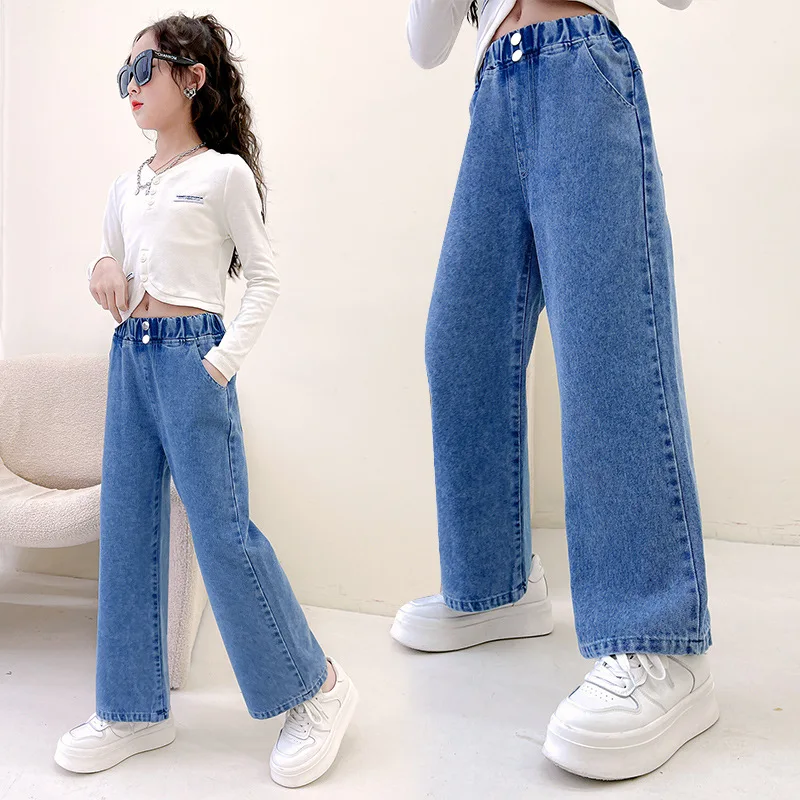 New Girls Jeans Spring Autumn Teenage Fashion Loose Two Button Kids Straight Pants School Children Trousers 6 8 10 12 13 Years