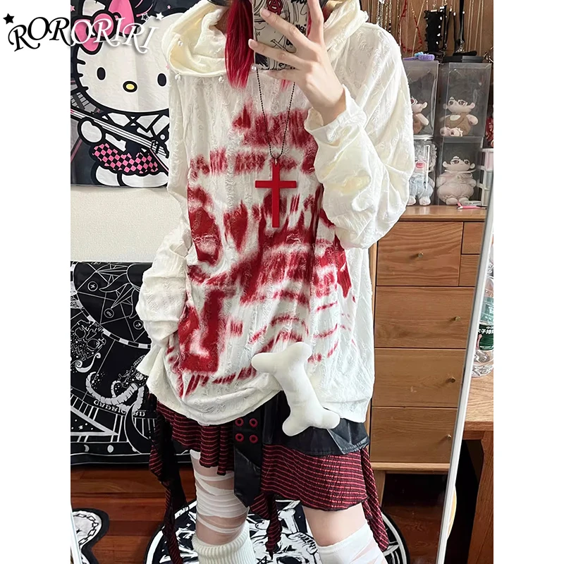 RORORIRI Last Wishes Pearl Stitch Hooded Sweatshirt Women Punk Studded Graffiti Long Sleeves T-shirt Hoodies Top Grunge Clothes