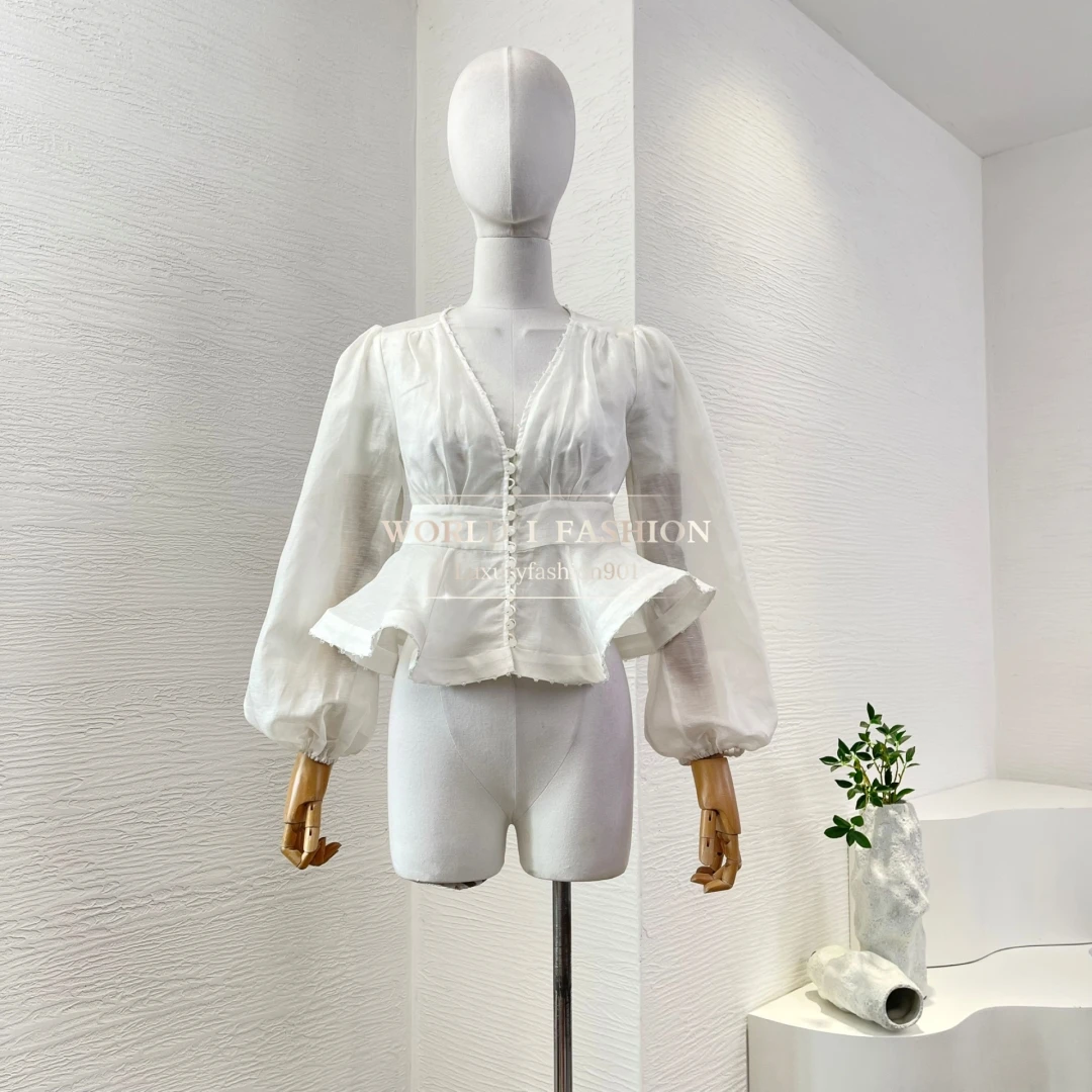 

Women's Summer White Long Sleeve V-Neck Ruffles Blouse Tops and Shorts Set High Quality Linen Silk 2025 New