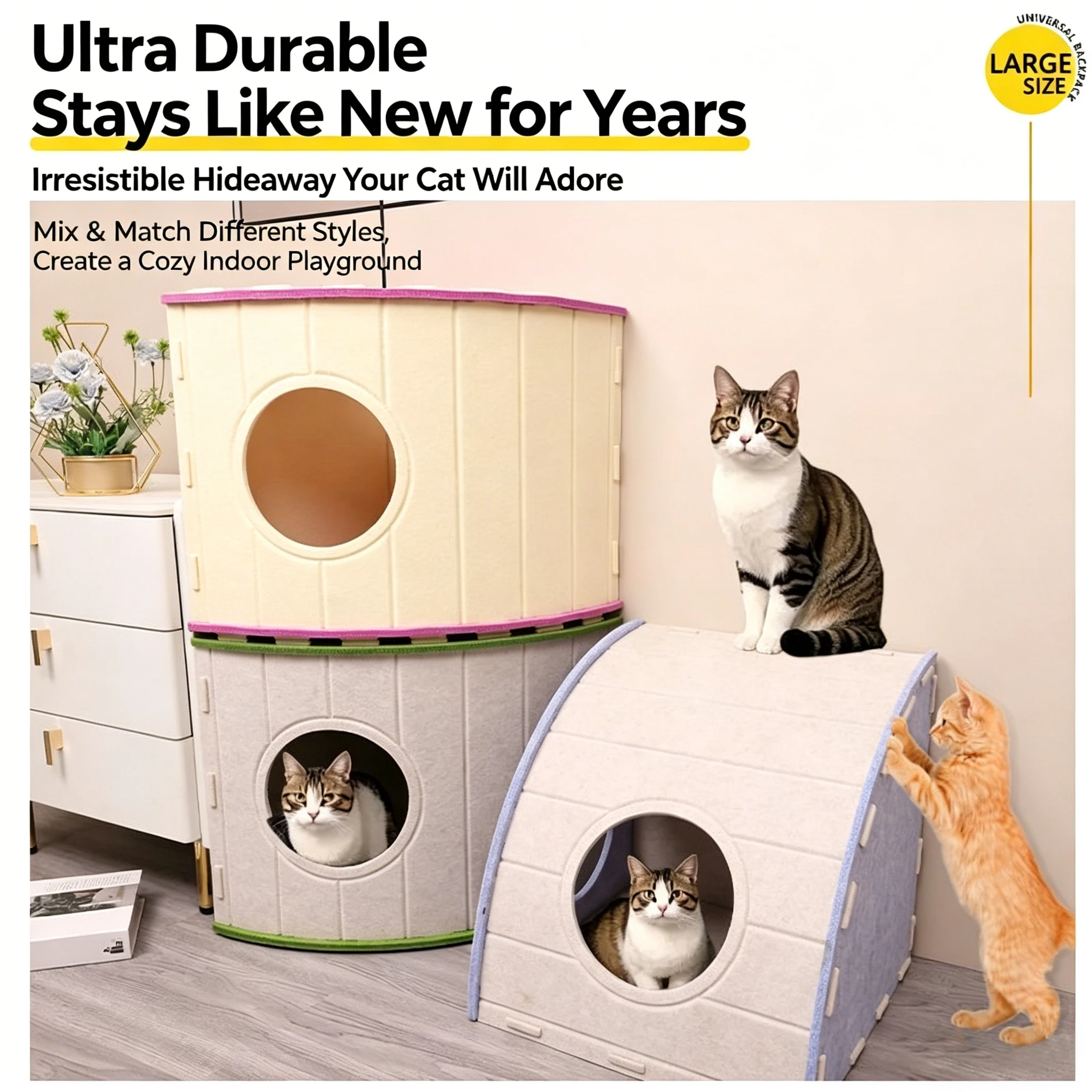 

All-Season Circular Felt Cat Bed - Closed Design - Large Size - Anti-Scratching Pet Sleeping Nest
