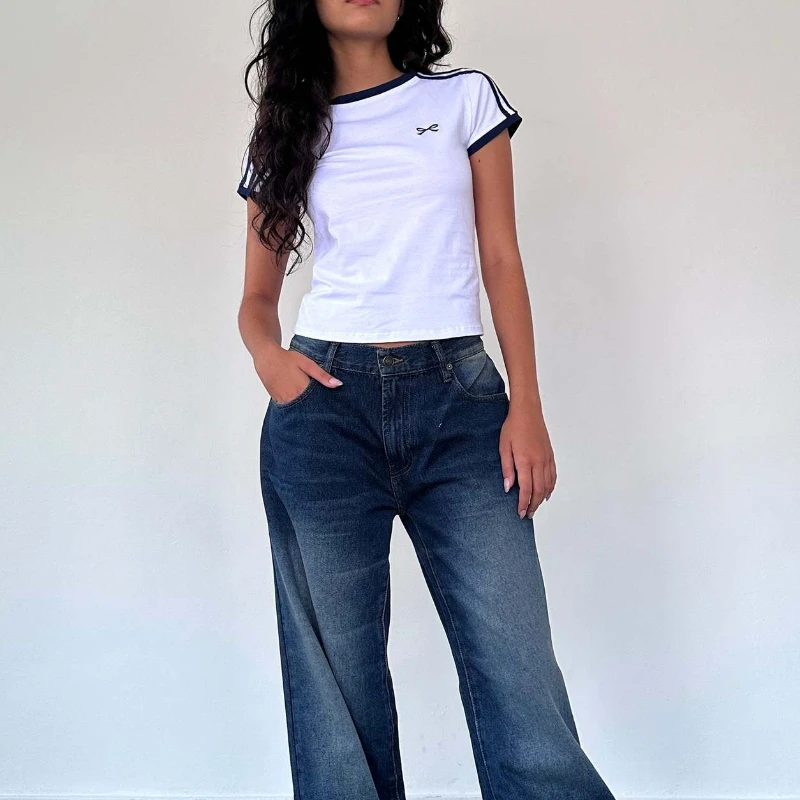 

Women's Embroidered Knot Short Sleeve Top, Slim T-Shirts, Casual Streetwear, Striped Print, Subscribers, White, Y2K