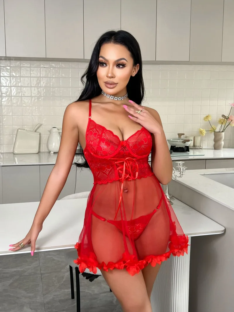 섹시한 드레스 스트랩 나이트 드레스 홈 세트 레이스 트림 브이넥 시어 투명 백리스 딥 브이 서스펜더 민소매 드레스 우아한 UJW4