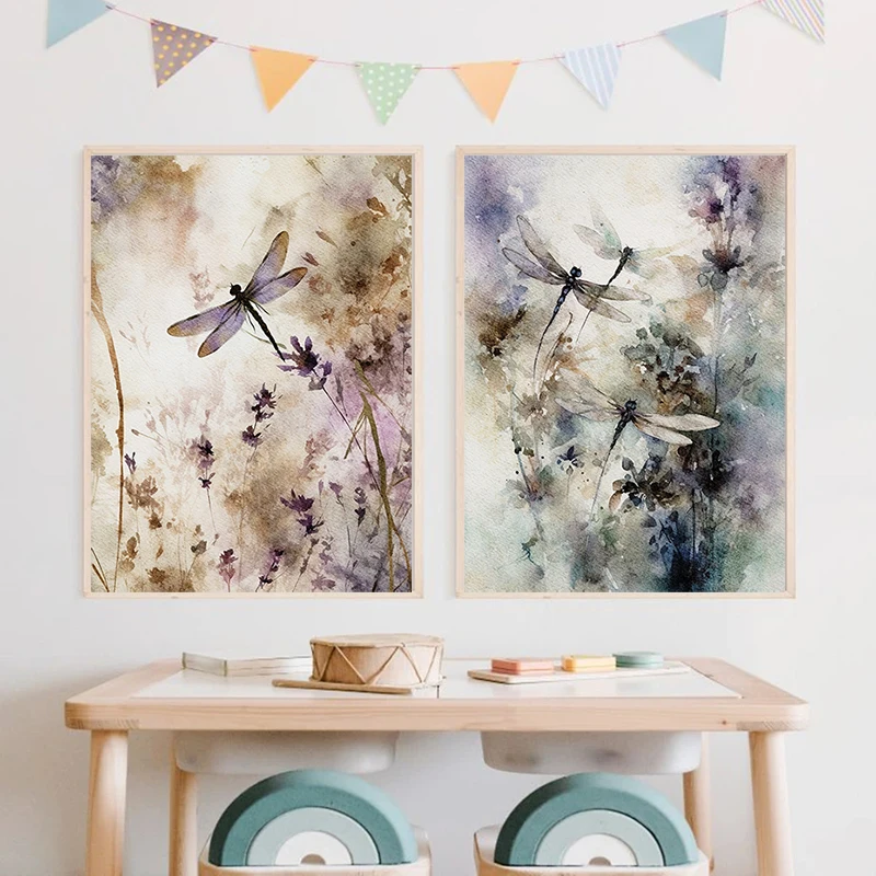 Dragonfly Honey Bee Dragonfly Watercolor Insects and Plants Poster Canvas Painting Nature Wall Art Picture Office Home Decor