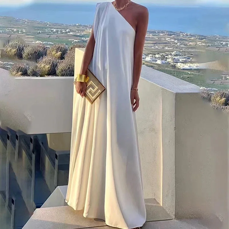 New One‑Shoulder Flowy Maxi Dress Women Sleeveless Loose‑Fit Elegant Beach Party Long Gown