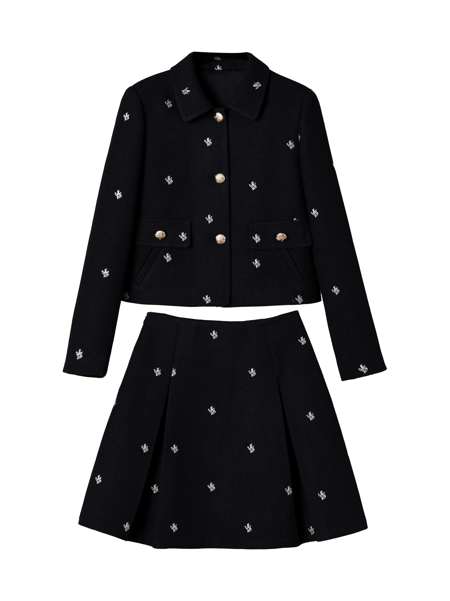 Gonna da giacca da socialite alla moda francese Set da due pezzi con risvolto ricamato monopetto a maniche lunghe con gonna a pieghe da donna