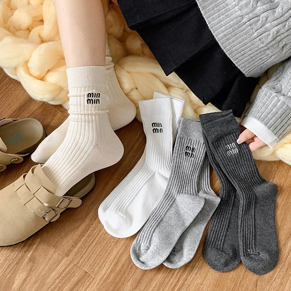 Embroidered Letter Winter Socks Women High Barrel Striped Thin Stacked Socks Knitting Solid Color Korean Japanese Stockings