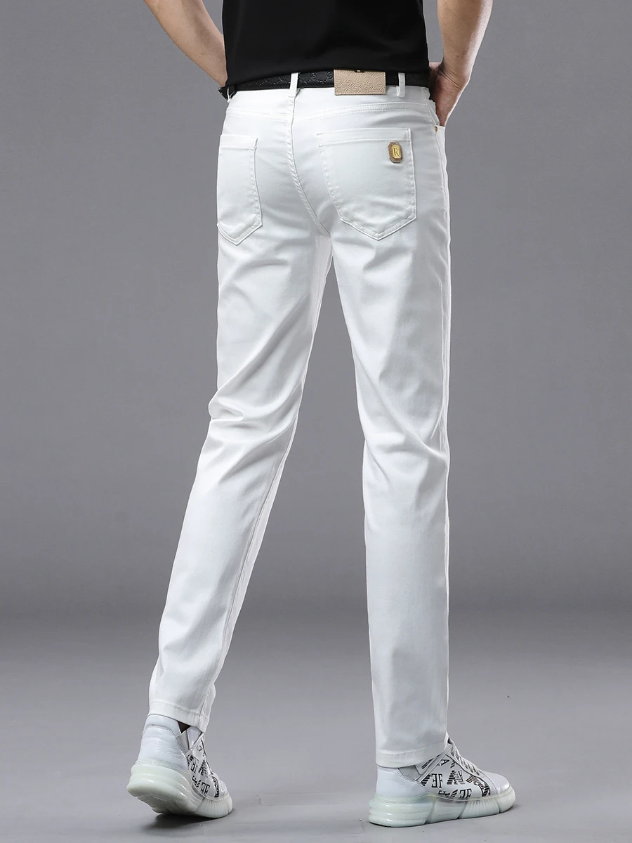 

Trendy White Slim Fit Men's Jeans Casual Lightweight Stretchy Summer Cotton Elastic Long Pants Versatile Straight Leg Jeans