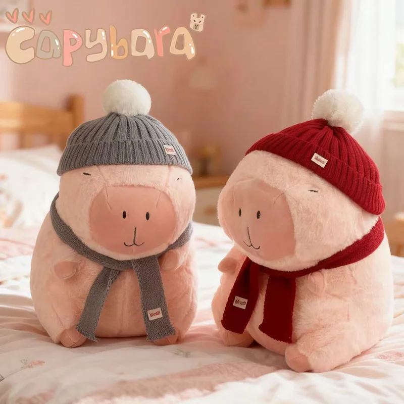 

Cute Pink Capybara Plush Toy Set with Knitted Hat and Scarf Soft Stuffed Animal Doll Winter Style Home Decor Cushion Gift Family
