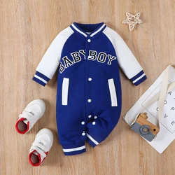 Fashionable letter printed black long sleeved round neck baby boy jumpsuit