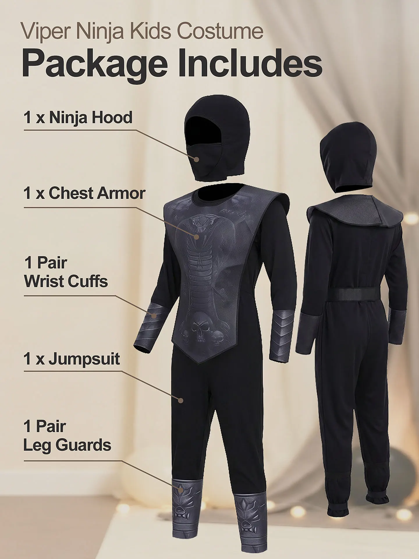 Viper Ninja Cosplay-Outfit für Kinder, Polyester-Overall mit Masken-Brustpanzerung für Jungen, Halloween-Mottoparty – Detail 3