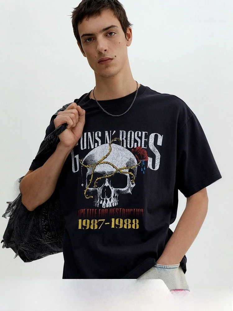 

Футболка с принтом группы H&M Gunpower And Roses для пар, мужская и женская, весенняя, дышащая, из хлопка, повседневная, с круглым вырезом...