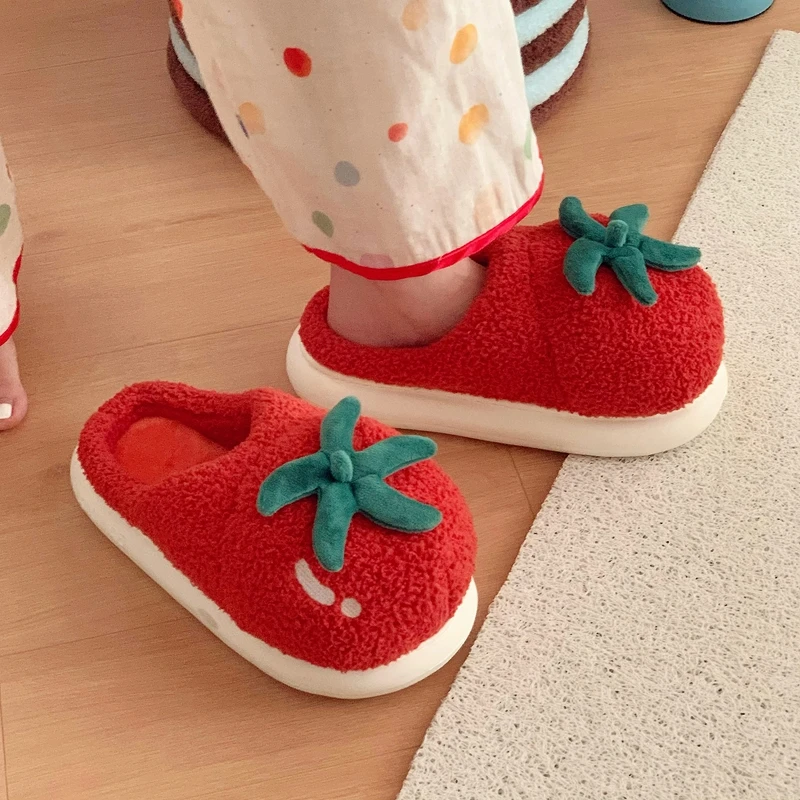 Cute Tomato Shape Cotton Slippers Women's Winter Home Warm Cartoon Parent-child Slippers Outdoor Fluffy Comfort Warm Shoes view 6