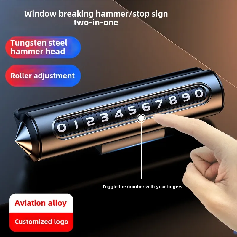 

Car temporary parking plate black aluminum alloy material roller adjustable with broken window hammer car parking plate