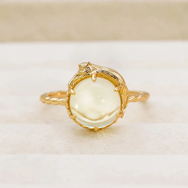 LAMOON Natural Lemon Quartz Gemstone Ring For Women 925 Sterling Silver Gold Vermeil Fine Jewelry Gift Vintage 3D Cute Cat Gift