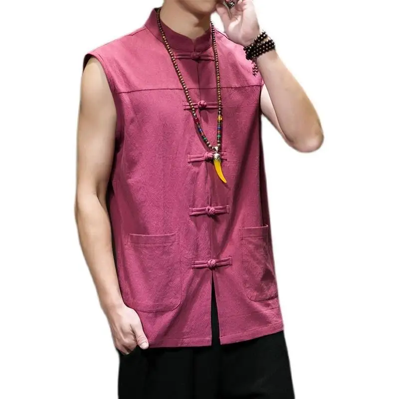 Spring Summer Vintage Linen Stand Collar Sleeveless Tang Suit Vest Chinese Style Blouse for Men Harajuku Cardigan Jacket M-5XL