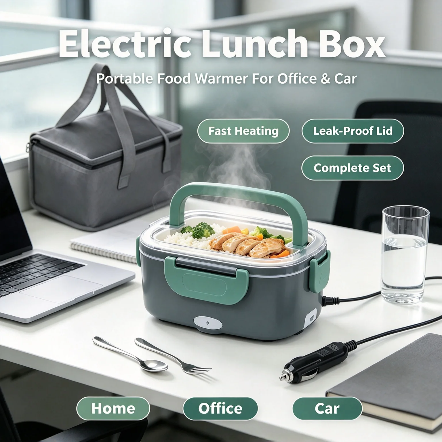 Portable Electric Food Warmer Lunch Box, Home & Car Heating Bento Container, Removable Compartment Inner Tray with Thermal Carry Bag Cutlery for Office Worker Road Trip