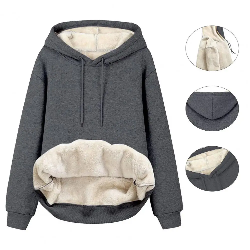 Winter Thicken Women Hoodies Lambswool Warm Hooded Pullover Unisex Long Sleeve Sweatshirts Streetwear Casual Black Tops