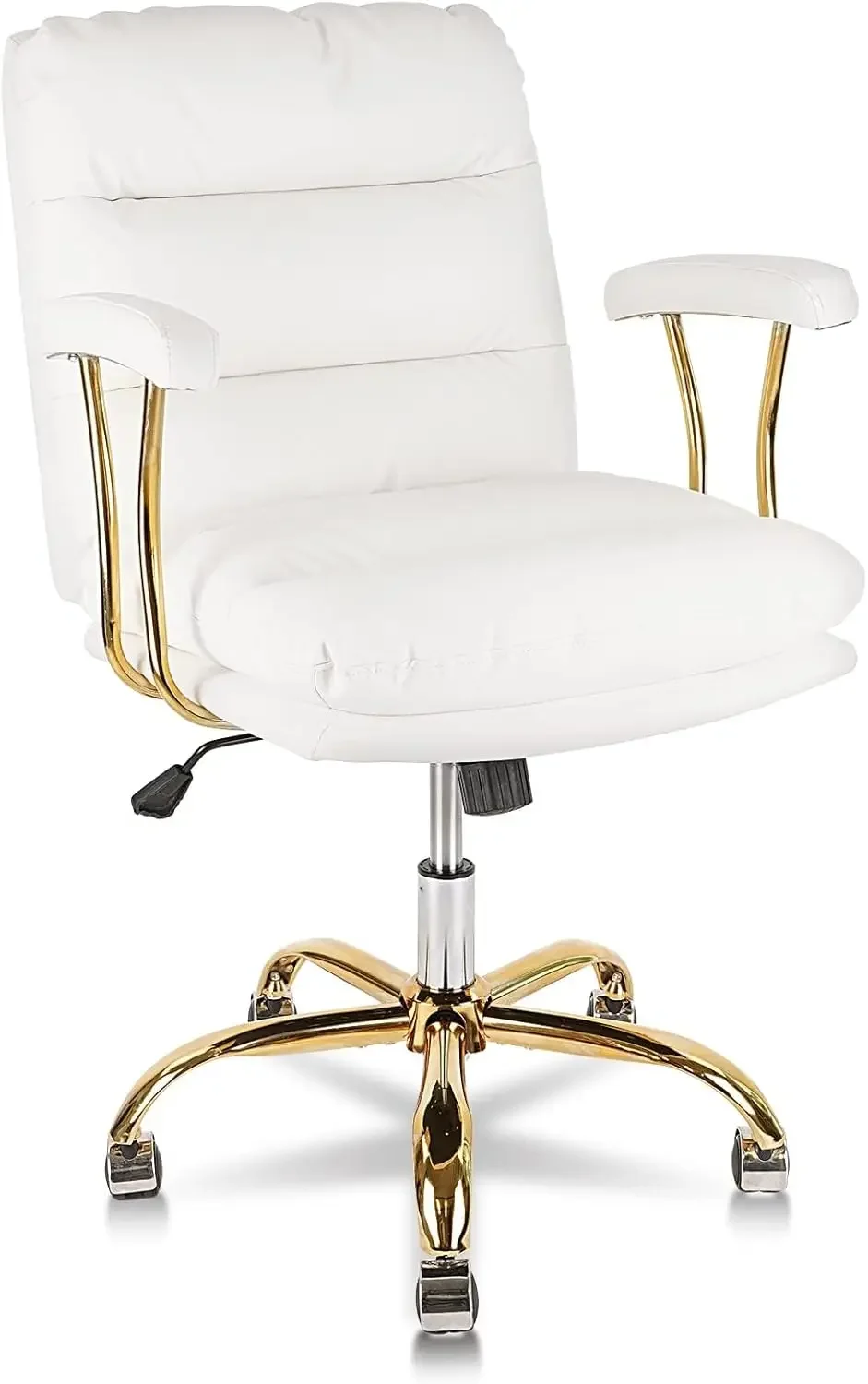 Ergonomic Office Desk Chair with Wheels and Arms, Faux Leather Computer Chair for Home Bedroom Office, White Chair Gold Caster