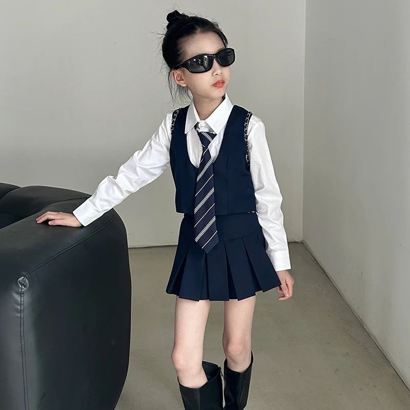 Baby girls academy Style clothes set vest+white shirt+Pleated skirt+tie 4pcs kids JK skirts suit school children outfits 2-13