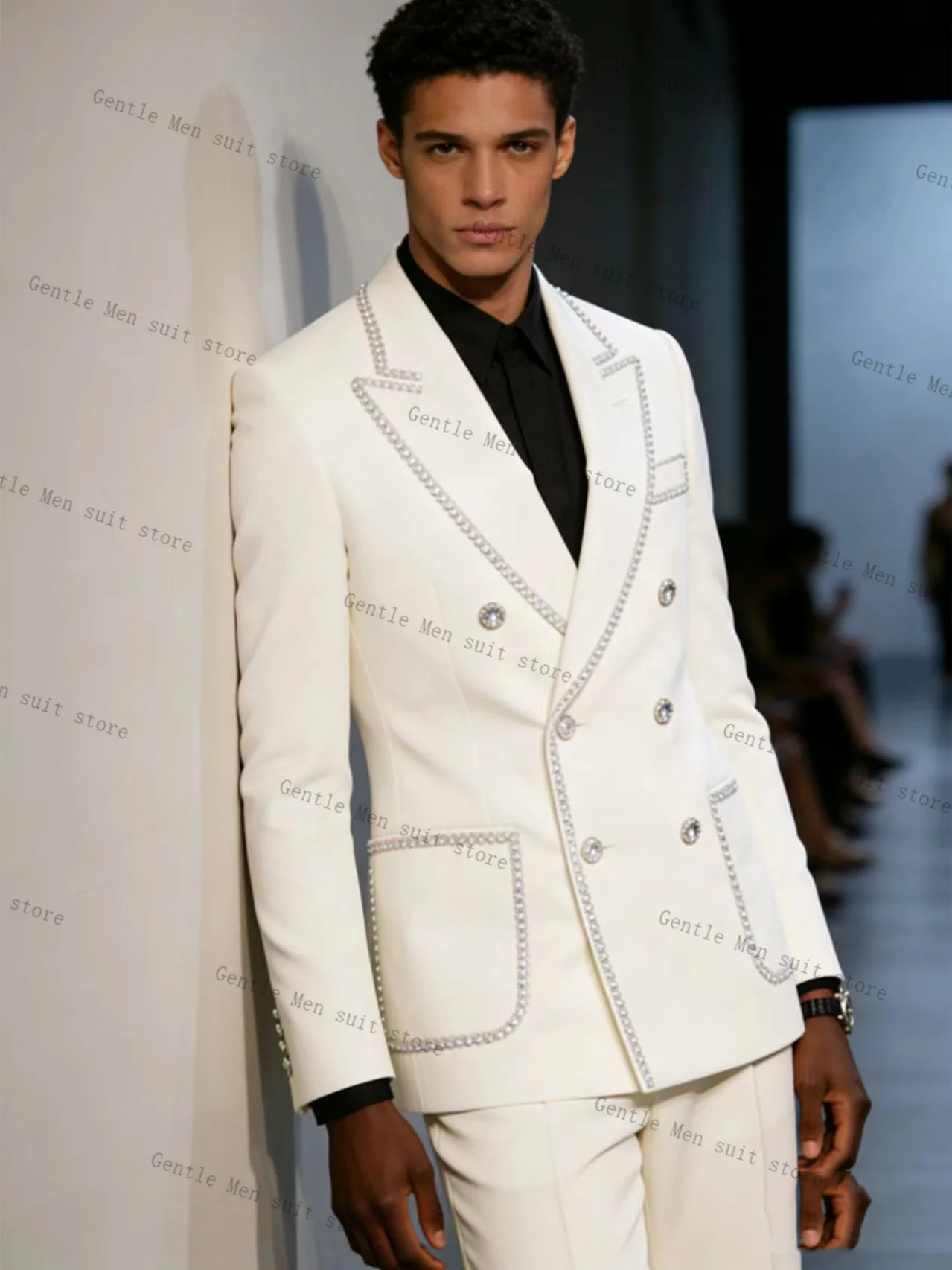 

Crystals Men Suit Set 2 Pcs White Blazer+Pants Trousers Groom Wedding Tuxedo Formal Office Business Jacket Coat Customized