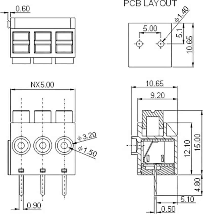 50PCS DG390 5.0 Blue terminal block KF390  5.0mm 2P 3P